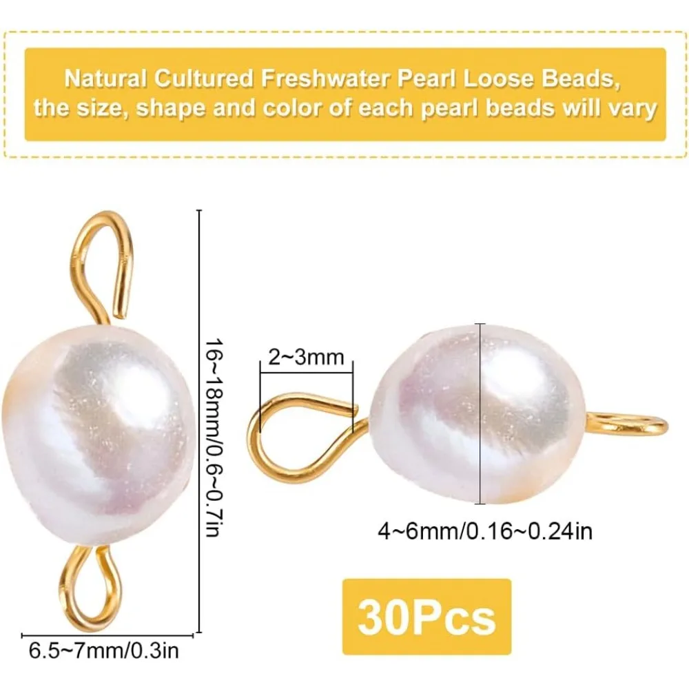 1 Box 30Pcs Freshwater Pearl Beads Double Loop Links Connectors Baroque Pearls Round Beads 304 Stainless Steel Connector