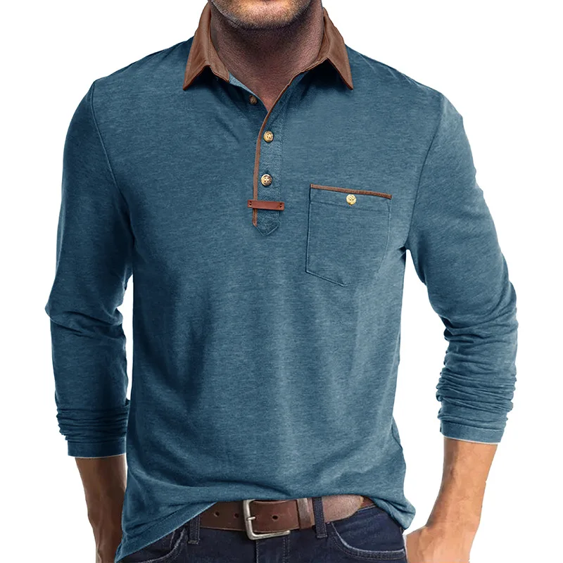 Langarm-Poloshirt für Herren, lässig, schmale Passform, Henley-Kragen, T-Shirt mit Tasche, Smart Blend Tops – Detail 2
