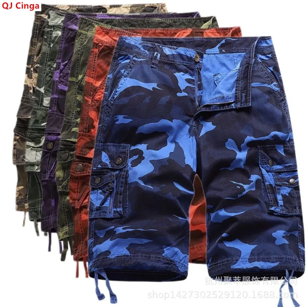 Men's Blue Camouflage Knee-length Work Shorts, Multi-pocket Casual Pants for Spring and Summer, Asian Sizes 29–48.
