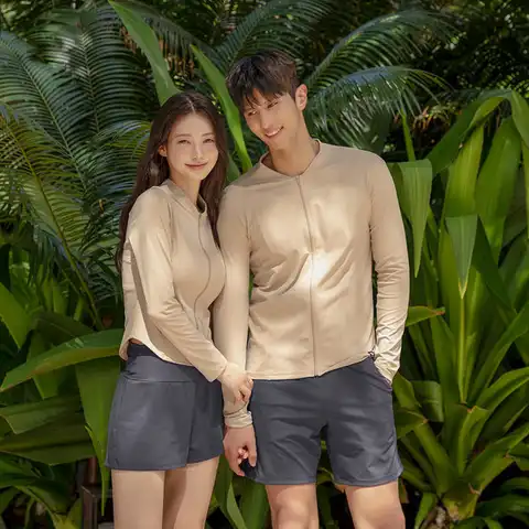 여성용 4피스/남성용 2피스 러쉬 가드 UV 자외선 차단 긴 소매 수영복 지퍼 업 수영 셔츠(Boyshorts 포함) 비키니 트렁크