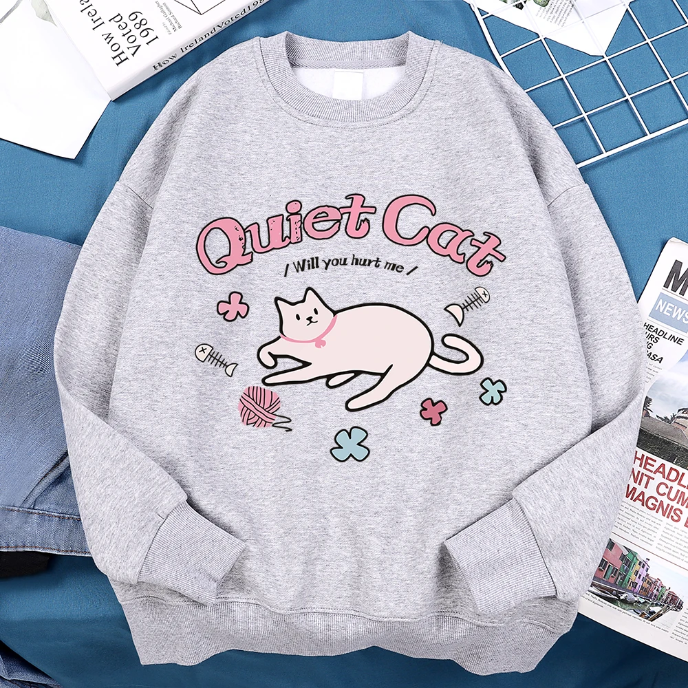 Quiet Cat Will You Hurt Me Print Men Women Hoodie Harajuku Sweatshirt Crewneck Cartoon Clothing Fleece Loose Pullover Couple