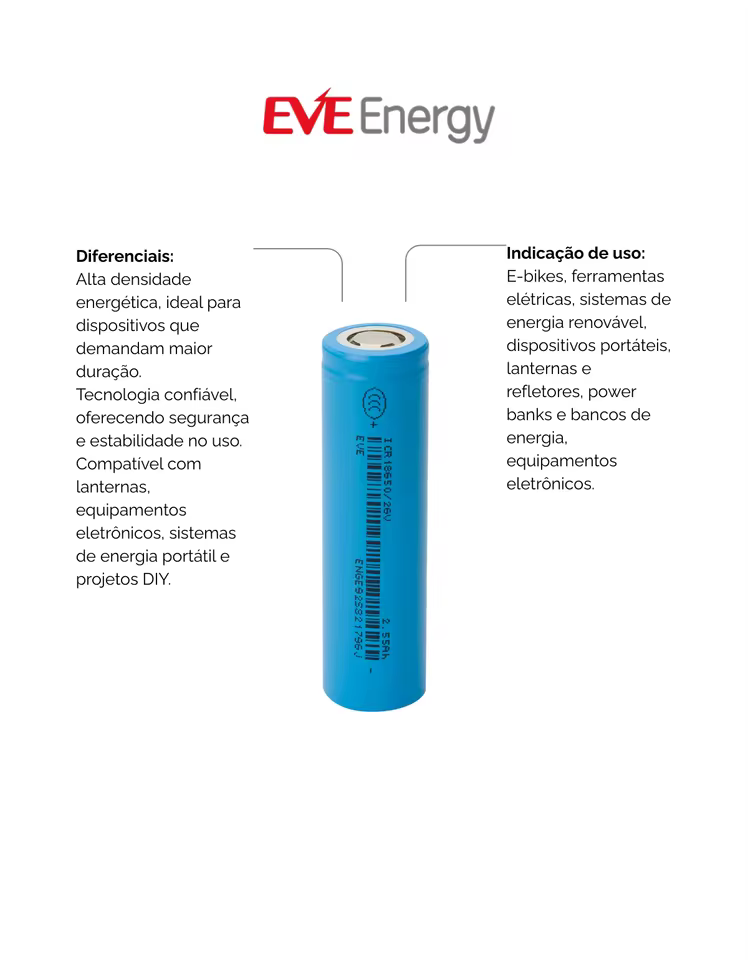 Kit 100 Baterias Li-Ion EVE 18650 2550mAh