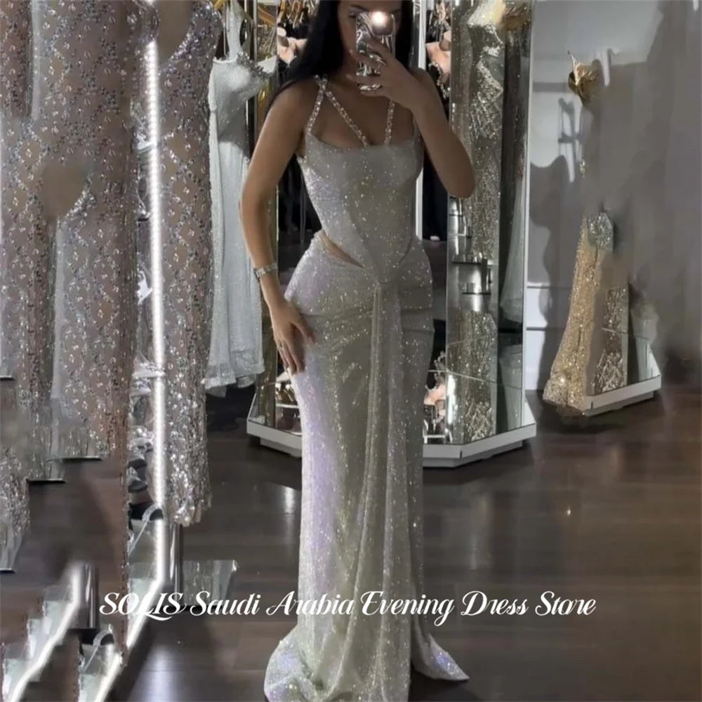 

SOLIS Sliver Evening Dress Spaghetti Strap Prom Dress Mermaid Party Formal Gown Cut Out robe de bal for Woman Ruched Customized