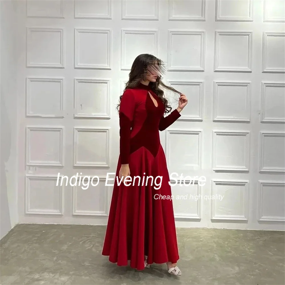 Indigo Prom Dress A-Line Long Sleeve HIgh Collar Pleat Ankle-Length Satin Zipper Back Elegant Evening Gowns For Women فساتين الس