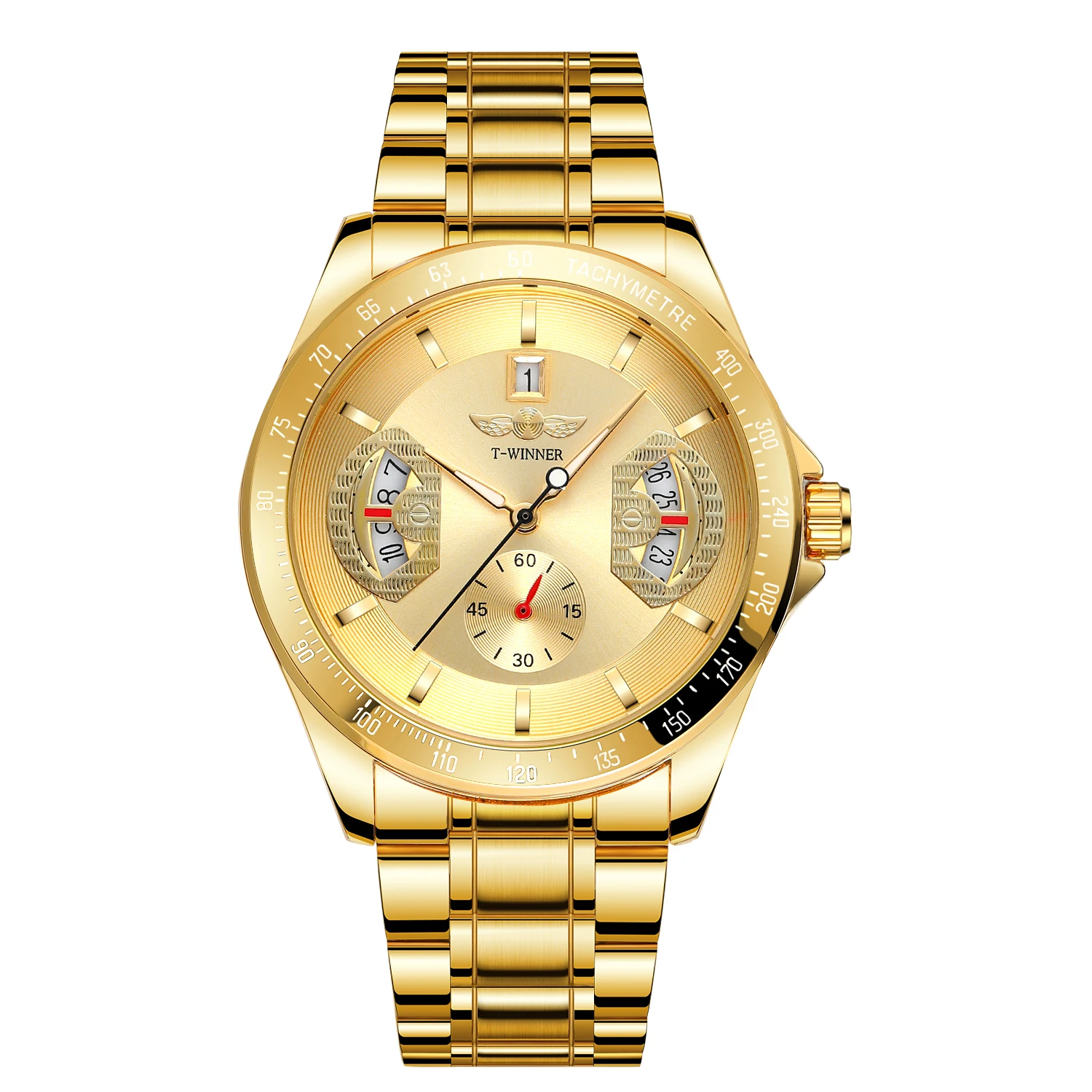 WINNER Sports Gold Automatic Watch for Men Date Display Luminous Hands Stainless Steel Strap Top Brand Luxury Mechanical Watches