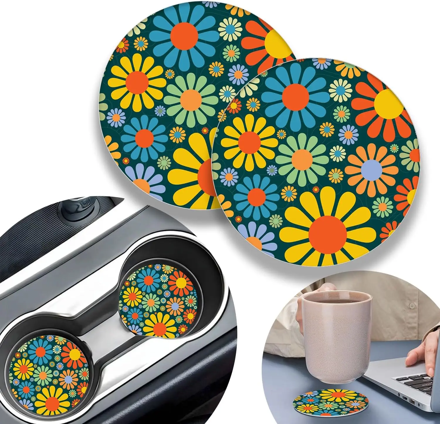 

2 Pack Hippie Daisy Flower Car Coasters,2.75 Inch Car Cup Holder,Universal Rubber Anti-Slip Automotive Drink Soft Cup Mat,Car In