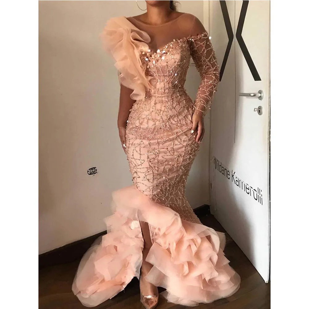 

Luxury Women's Evening Dresses One Shoulder High Quality Lace Formal Party Gown Floor length Meramid Ruffles Prom Dress