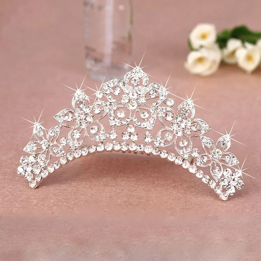 2 PCs Bridal Wedding Tiara Crown Headband & Hair Clips Comb Flower Rhinestones‎ Kabuer Silver Princess Tiara for Women Girls Elegant Bridal  main image 3