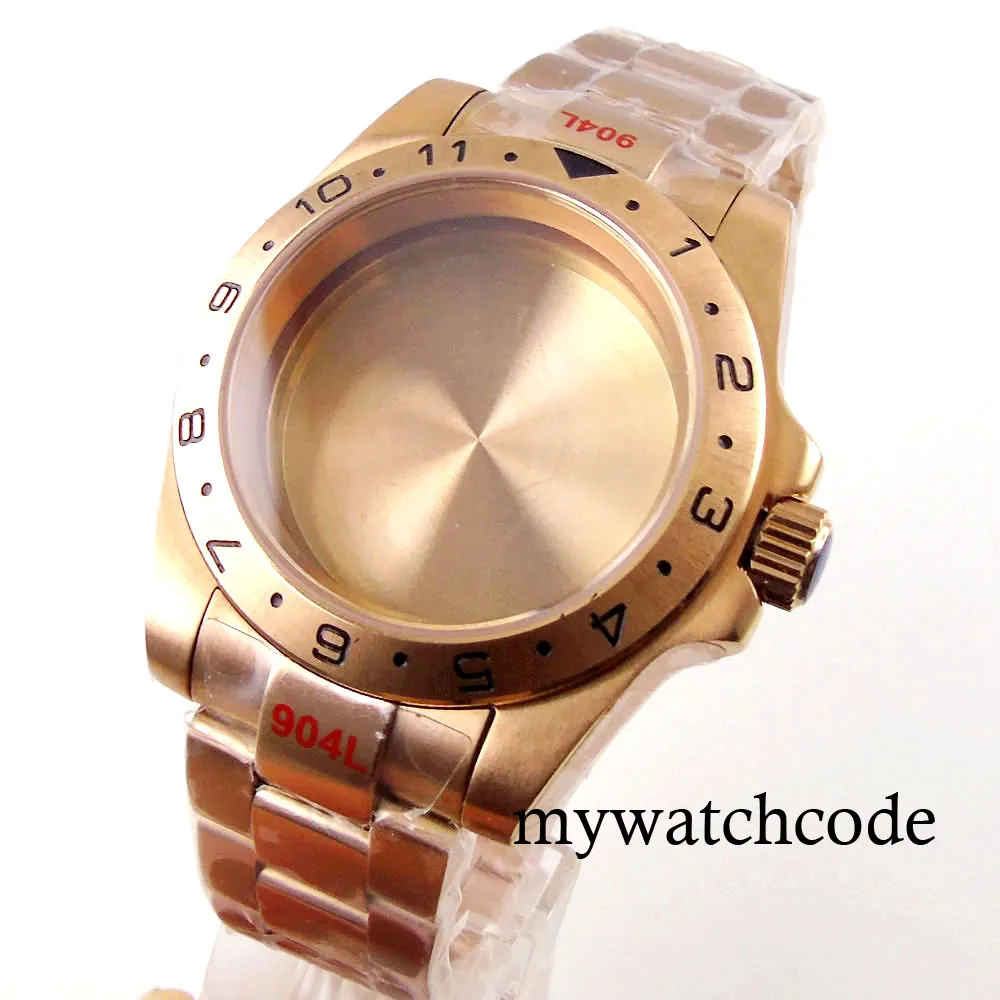GMT Master-Rose Case relógio de ouro e pulseira, Movimento Caseback vidro, 24H moldura, 40mm, NH34, NH35, NH36, NH70, NH72