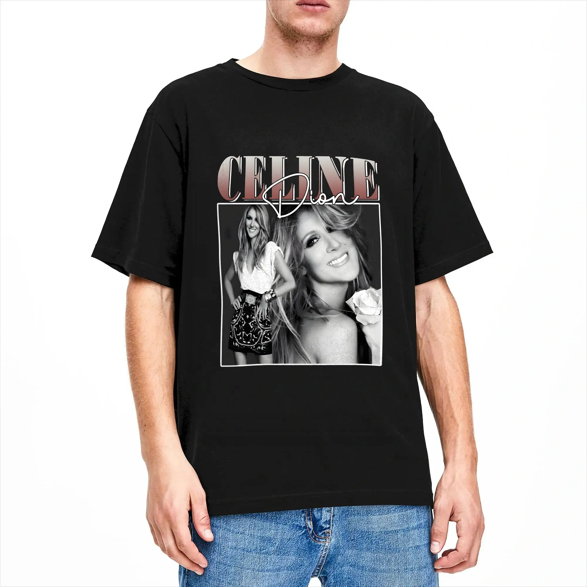 Celines Dion Face Portrait Men T Shirt Canadian Singer Tee Shirt Short Sleeve Round Collar T-Shirt Cotton Original Clothing