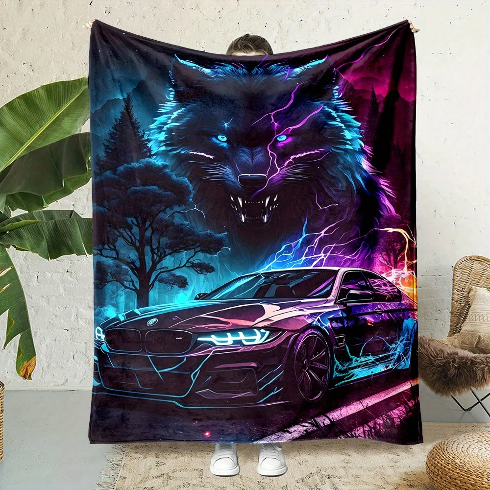

Флисовое одеяло с принтом гоночного автомобиля и лесного волка в деревенском стиле, всесезонное двустороннее, цифровая печать, полиэстер, дом