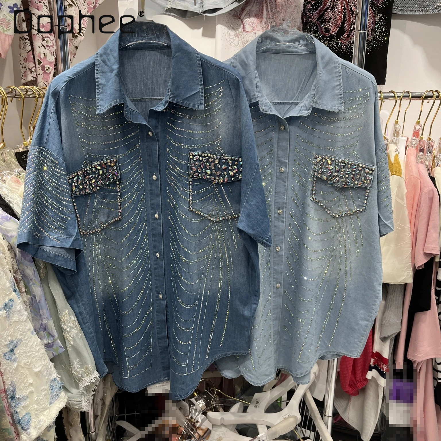 Exquisite Rhinestone Short Sleeve Denim Shirt for Women 2024 Spring and Summer New Street Cool Girl Lapel Single Breasted Top