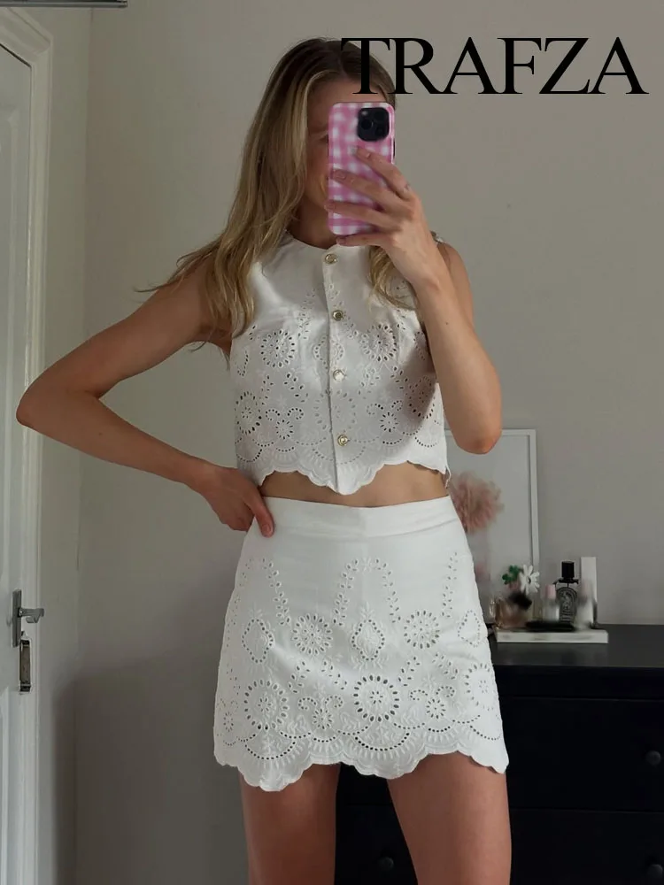 

TRAFZA Women Summer Shorts Set Fashion Solid Hollow Embroidery Single Breasted Vest Sleeveless Top+Temperament Short Skirt Pants