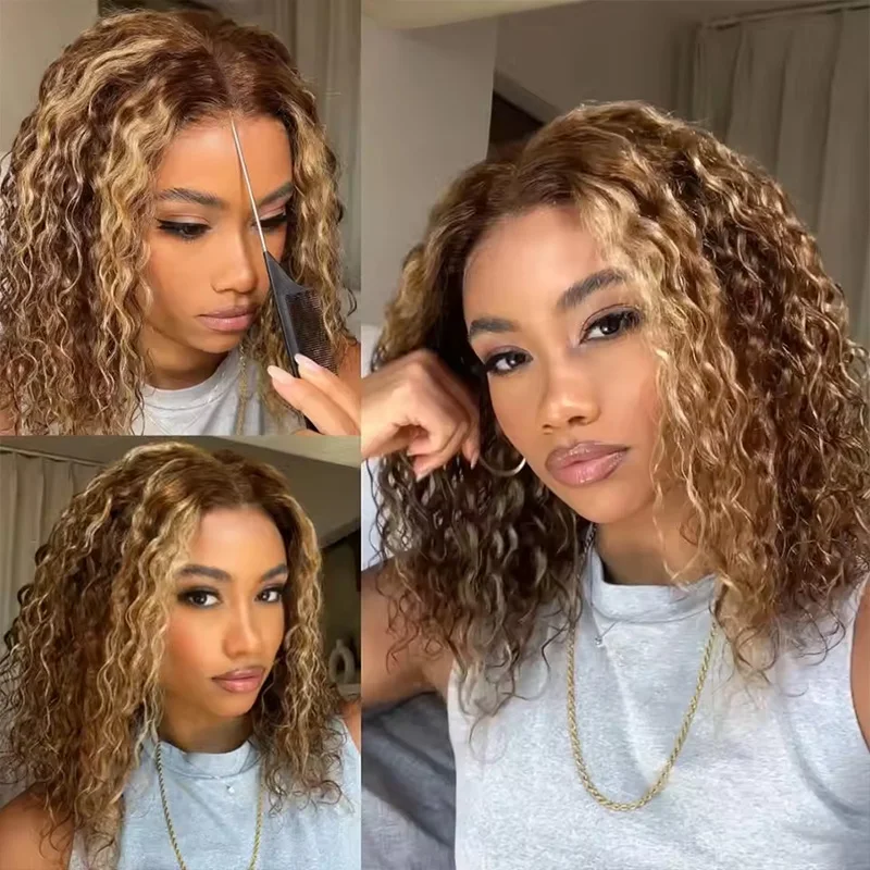 أومبير تسليط الضوء على P4/27 اللون قصير بوب الباروكات مجعد 13x4 الدانتيل الباروكات الأمامية شعر الإنسان عميق مجعد بوب شعر مستعار البرازيلي الشعر القصير بوب