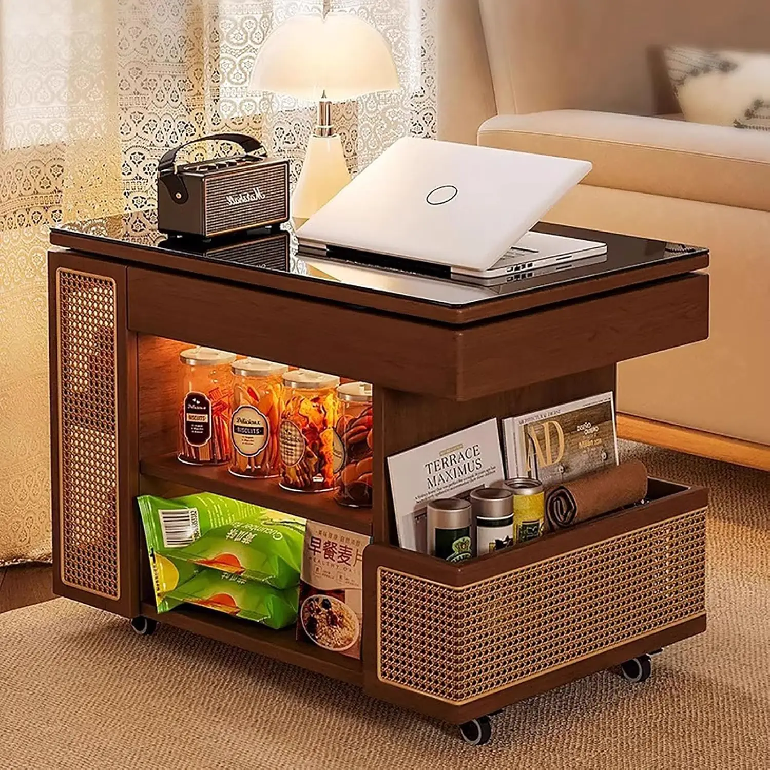 طاولة قهوة خشبية متنقلة، طاولة جانبية قابلة للرفع، عربة تروللي صغيرة للطاولة التي تنزلق أسفل غرفة المعيشة (27 × 17 × 21 بوصة)