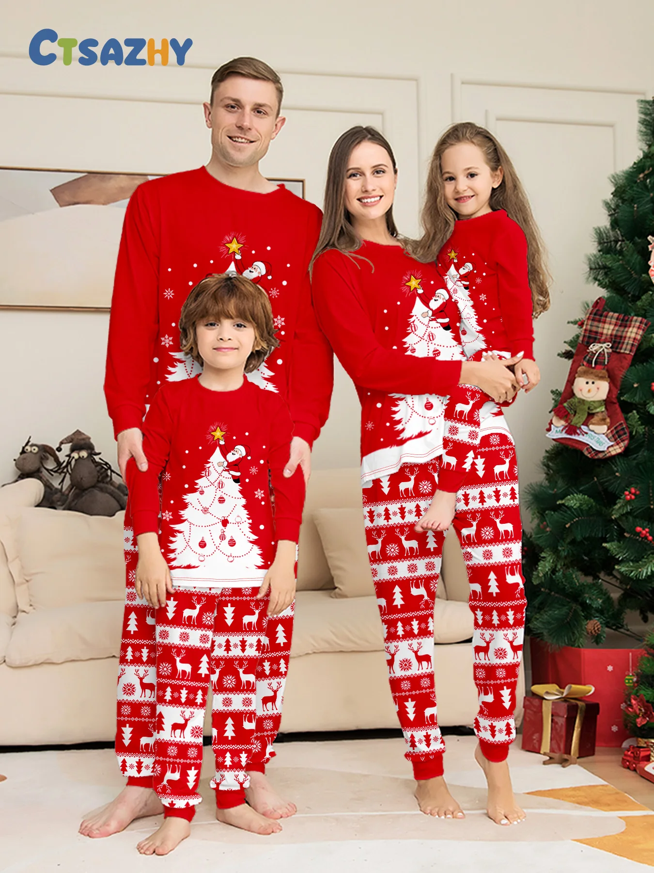 Family Christmas Pajamas Matching Parent-child Sleepwear Red Long Sleeve Santa Tree Print Xmas Gift Men Women Kids
