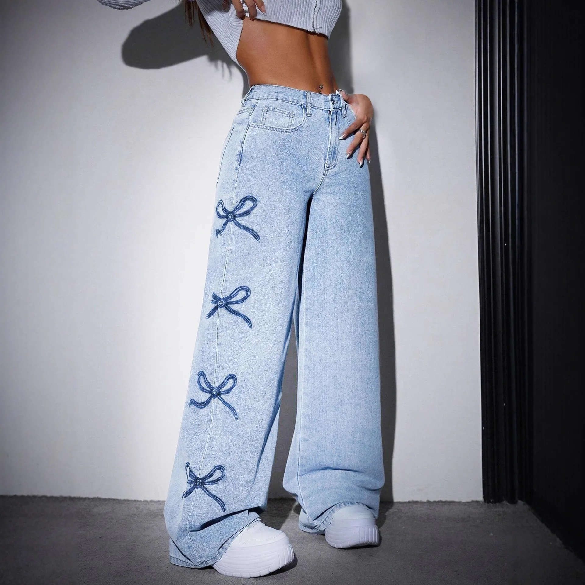 

Sweet Bow Y2k Japanese Preppy Straight Jeans Women High Waist Denim Pants Wide Leg Chic Lace Patchwork Vintage Trousers