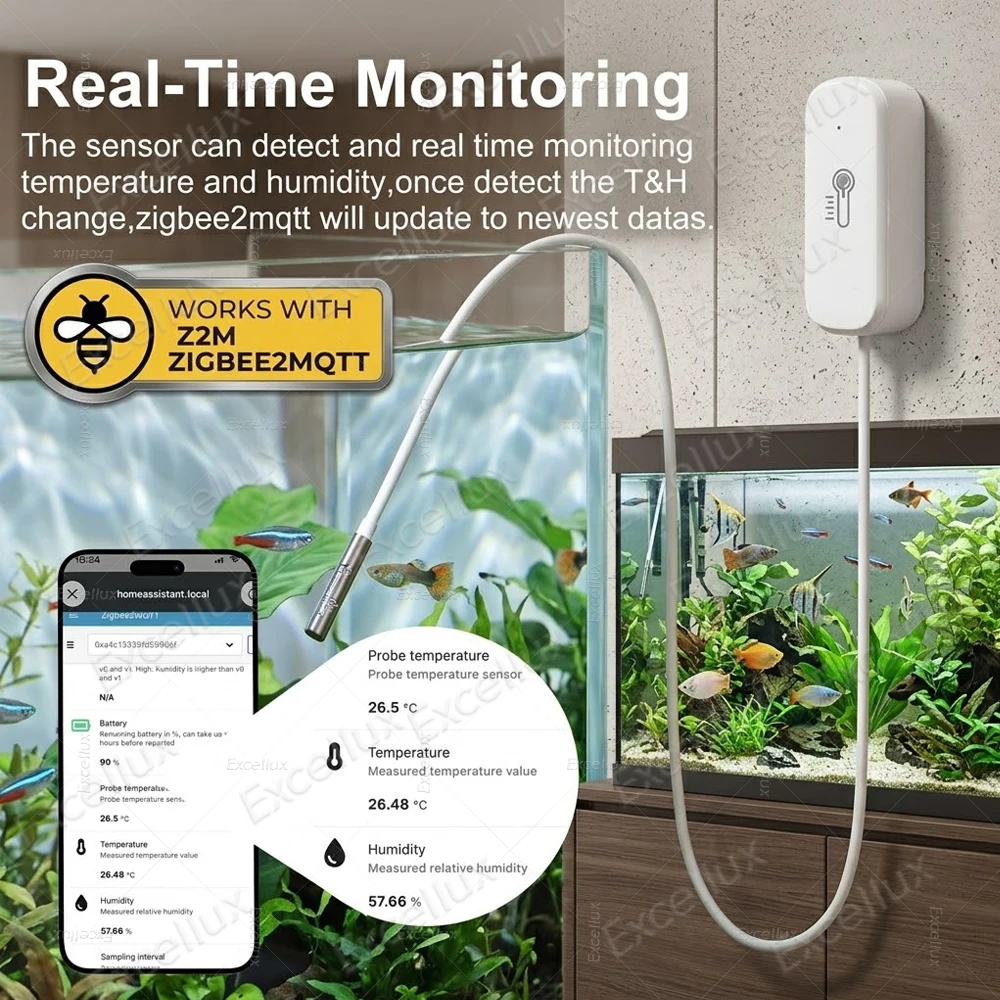 Zigbee Temperature Humidity Sensor With Probe Thermometer Compatible Zigbee2MQTT For Pool/Aquarium/Fridge/Freezer Temperature