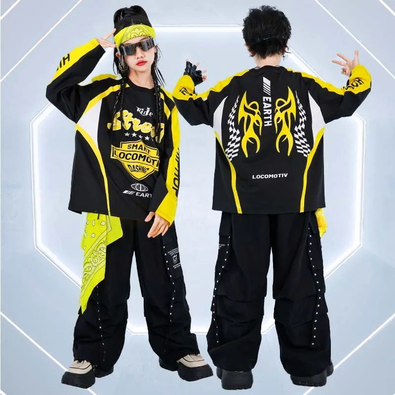 Kids Street Dance Pak Meisjes Hiphop Kleding Kids Jazz Dance Performance Kostuum Fashion Catwalks Outfit Tops Broek Geel 966