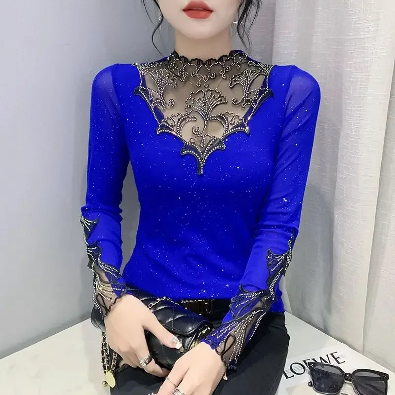 Spring Autumn New Women's Solid Color Half High Collar Diamonds Sequined Gauze Spliced Long Sleeve Fashion Casual T-shirt Tops