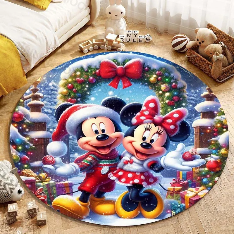 6 Sizes Disney Mickey Minnie Merry Chrismas Print Round Carpet Living Room Bedroom Table and Chair Sofa Decor Rug Kids Play Mat