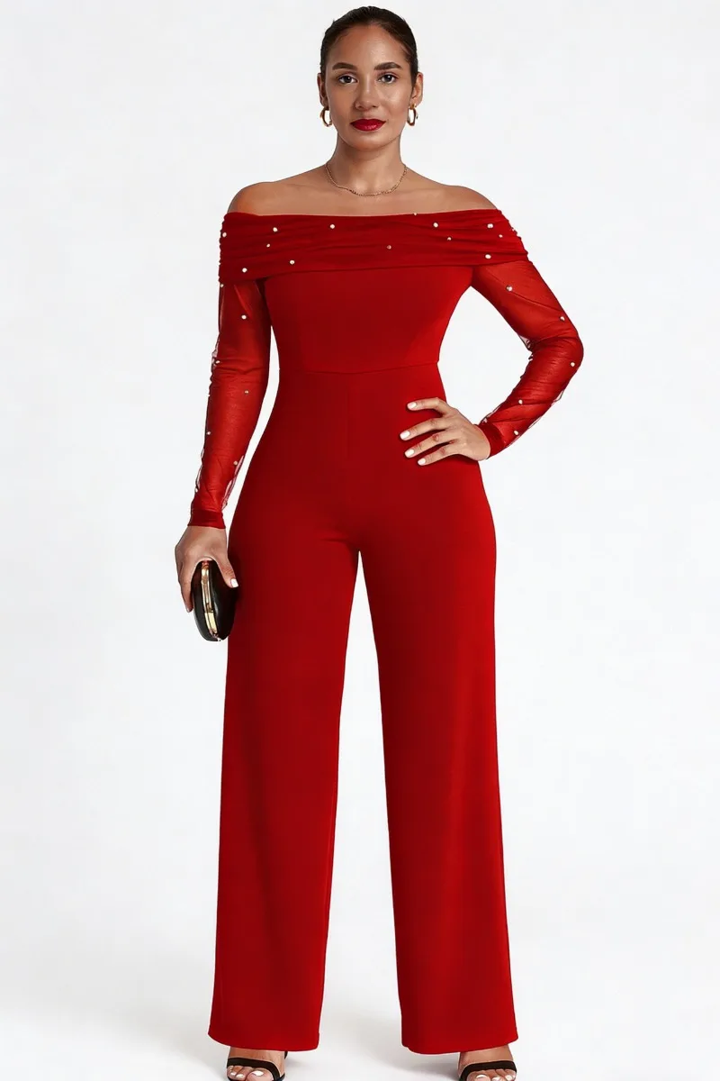 

GUWU Casual Off Shoulder Pearl Mesh Sleeve Slim Fit Long Wide Leg Jumpsuit