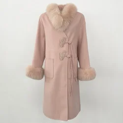 Menina 2024 neue Herbst Winter jacke natürliche echte große Fuchs Pelz kragen lange dicke warme Wolle Mischungen Mantel Frauen Oberbekleidung Stickerei