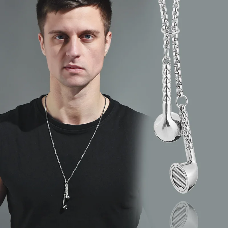 

2025 Earphone-shaped necklace, men's trendy Instagram cool dance, hip-hop, street celebrity titanium steel sweater chain