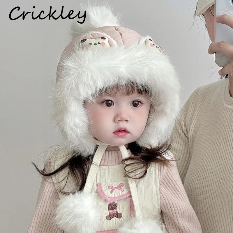 

Faux Fur Cute Bear Kids Hats Pompom Windproof Soft Warm Girls Boys Ear Protection Hats Winter Fleece Thick Toddler Children Caps
