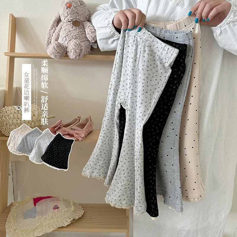 Girls Floral Polka Dot Lace Trim Flare Pants – Spring Autumn Casual Bell Bottoms for Toddlers, Versatile Trousers