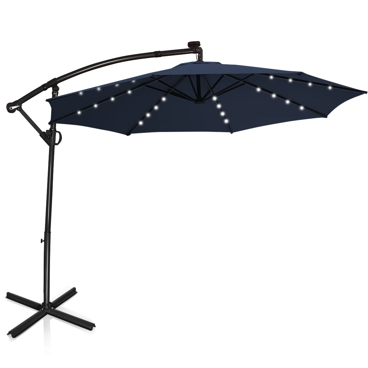 

10FT Patio Offset Umbrella Solar Powered LED 360° Rotation Aluminum Navy