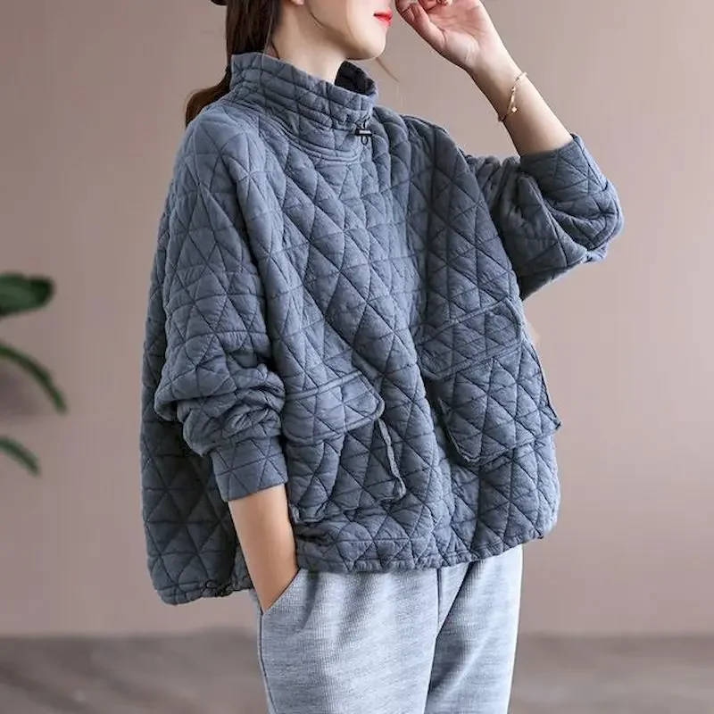 

New Autumn Trendy Pullovers Women Loose Oversized Pullover Coat Fashion Diamond Grid Drawstring Tops Thicken Stand-up Collar