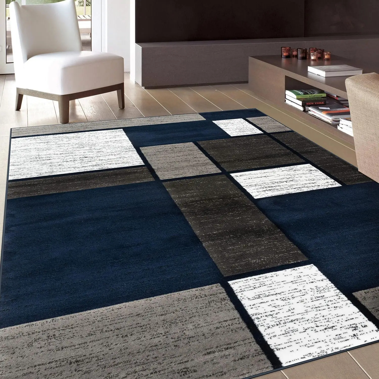 Modern Navy Geometric Boxes Area Rug, Soft Fade Resistant Carpet for Living Room Bedroom Dining Room, Stylish Floor Decor