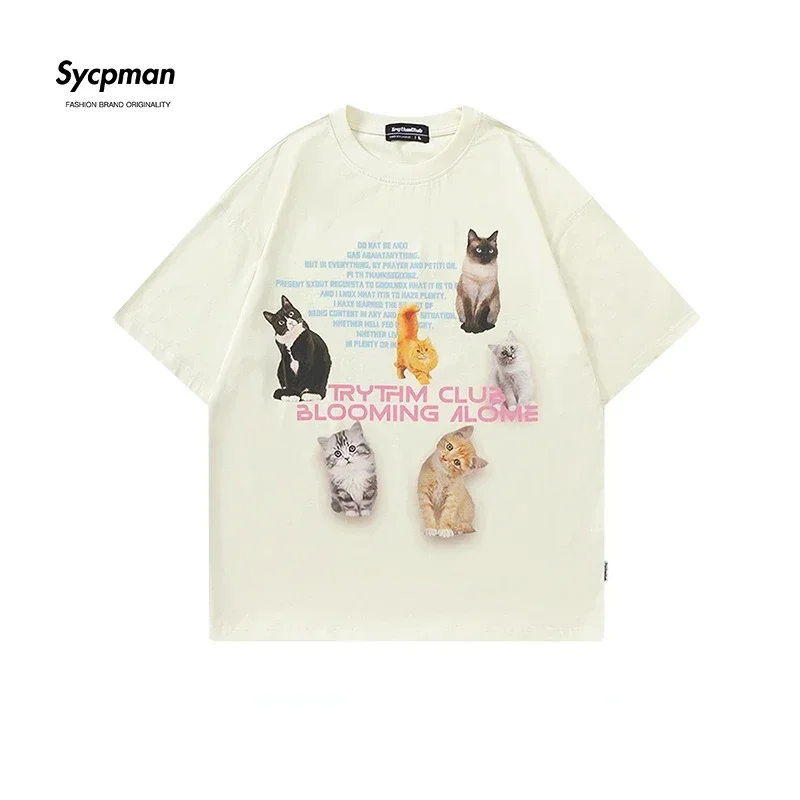 Sycpman Funny Cat Print Couple Short Sleeve T-Shirt Men Trendy Loose Casual Cotton Tees Harajuku