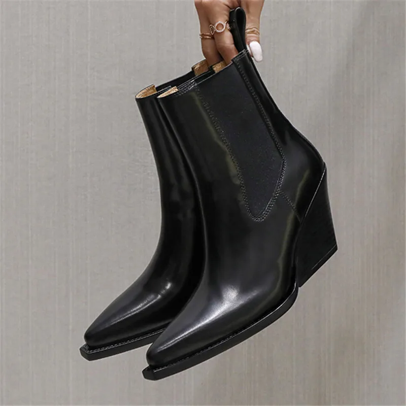 Szpiczasty nosek kobiety Chelsea Boots lakierki czarne krótkie botki damskie jesienne buty na koturnie szpilki Botas Mujer kliny