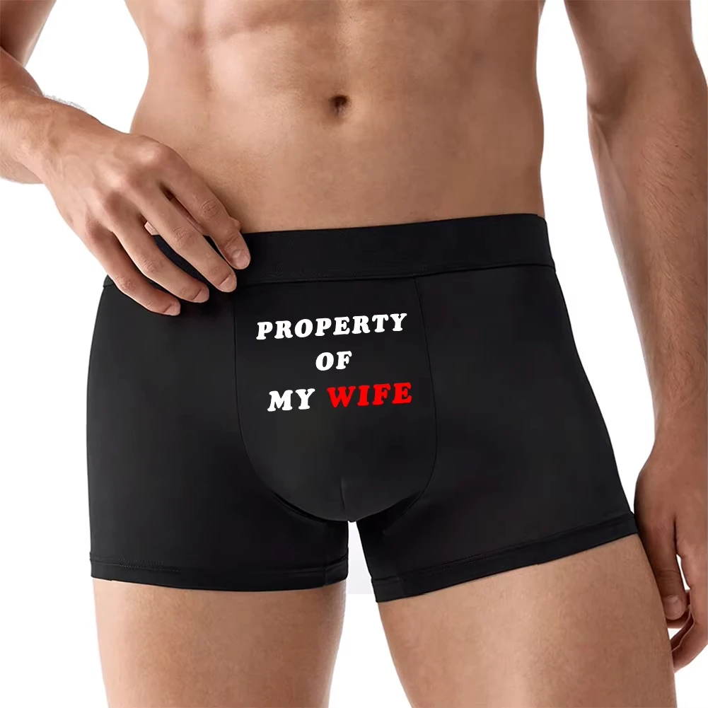 

Men's Funny Letter Print Boxer Briefs, PROPERTY OF MY WIFE Breathable Boxer Shorts in M L XL XXL