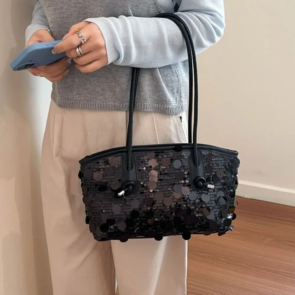 Portable Shiny Sequin Tote Bag Sequined Large Glitter Shoulder Bag Fashion Underarm Bag Evening Bag Girls