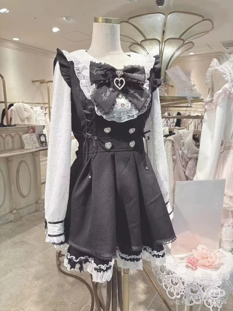 Japanese Y2 Aesthetics Vintage Bow Dress Shorts Set Women Gothic Lolita Style Long Sleeve Shirt Dress Elegant Party Dress Suits