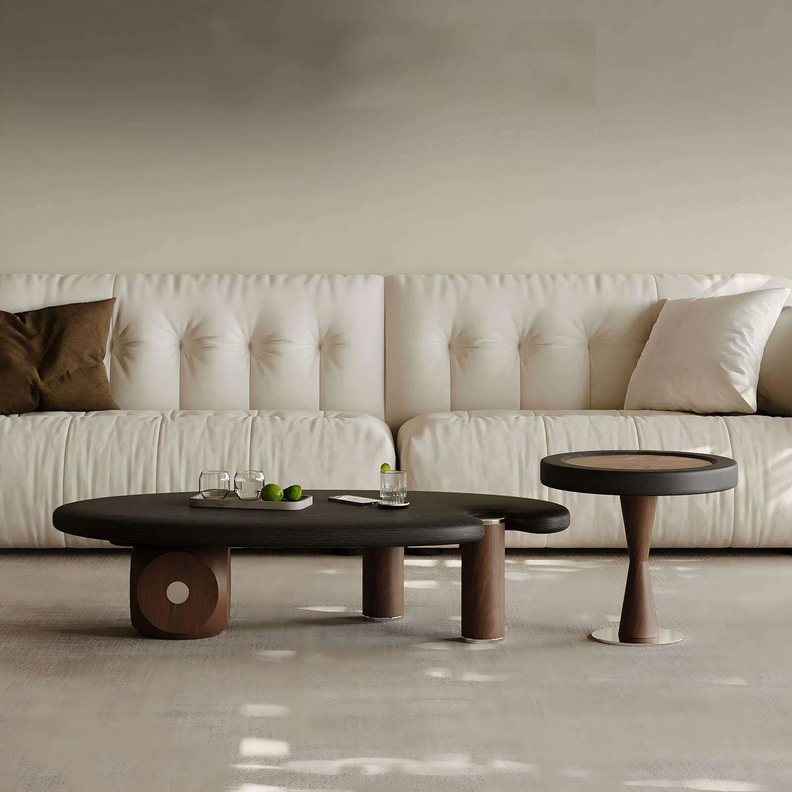 Medieval style coffee table combination, wabi-sabi style, retro black, high-end atmosphere, oval coffee table