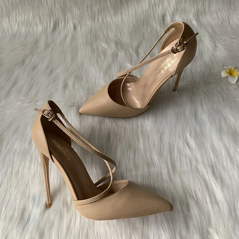 Nude Matte Leather Crossed Straps Pointed Toe Elegant Medium High Heel Evening Dress Shoes Pump Small Plus size 46 Hot On Sale