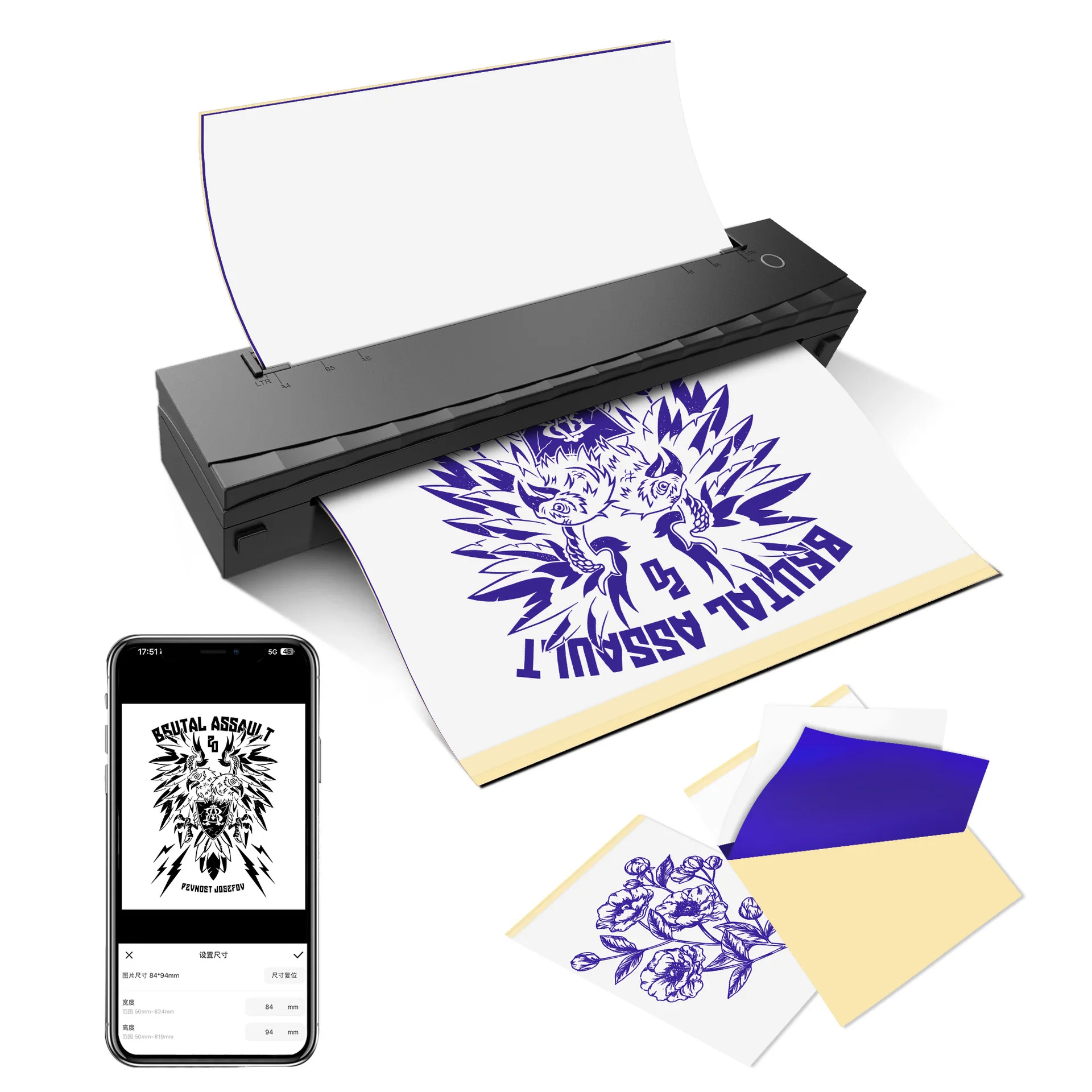 Commercial Document Printing - Kabelloser Tattoo-Drucker, Bluetooth-Tattoo-Schablonen-Thermotransfermaschine mit 10 Transferpapieren,