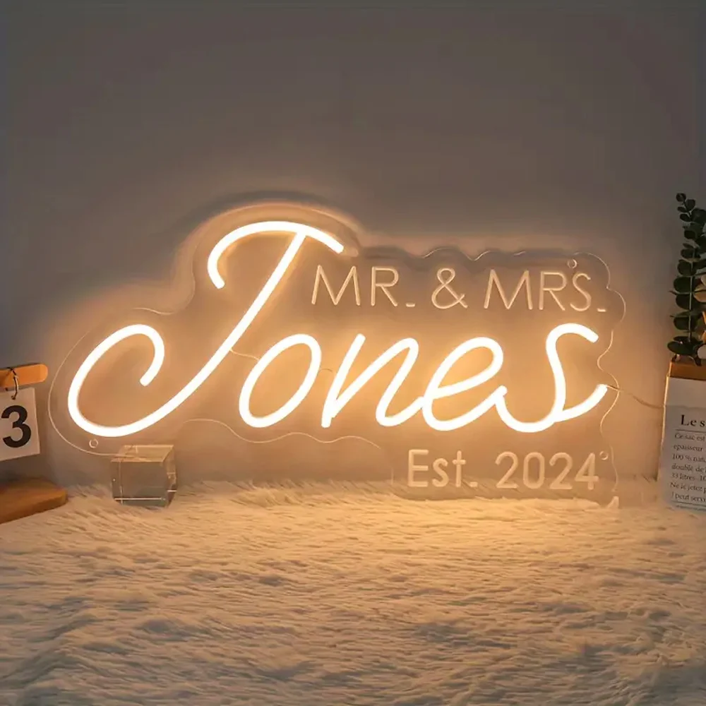 

2024 Custom Neon Sign -Warm White Custom Last Name Light for Wedding Backdrop & Decor, USB Powered, Acrylic room decor Christmas