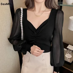 Casual Long Sleeve White Blouses Women 2025 Korean Fashion V Neck Black Blusa Feminina Slim Knitted Sexy Puff Sleeve Tops Mujer