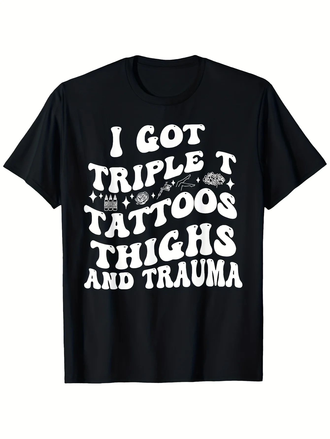 

Men's "Triple Tattoos" Graphic Cotton T-Shirt - Casual Crewneck, Black with White Print, Sizes S-XXL