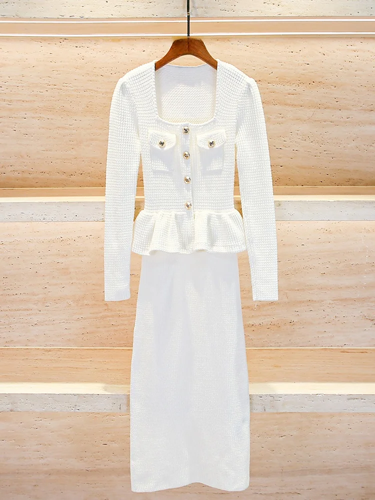 ハイエンド冬の女性のニットドレスホワイトスクエアカラーレース裾Aラインミディドレスソフトポリエステル繊維長袖