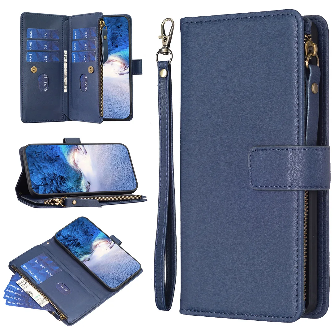 Lanyard Leather Zipper Purse Case For Samsung Galaxy S25 Plus S24 Ultra S23 FE S22 S21 S20 Multi 9 Card Slots Wallet Flip Cover