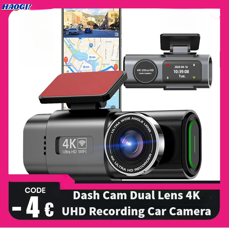 HAOGU Dash Cam Dual Lens 4K UHD Recording Car Camera DVR Night Vision Video Recorder Built-In Wi-Fi Support GPS 24H Parking