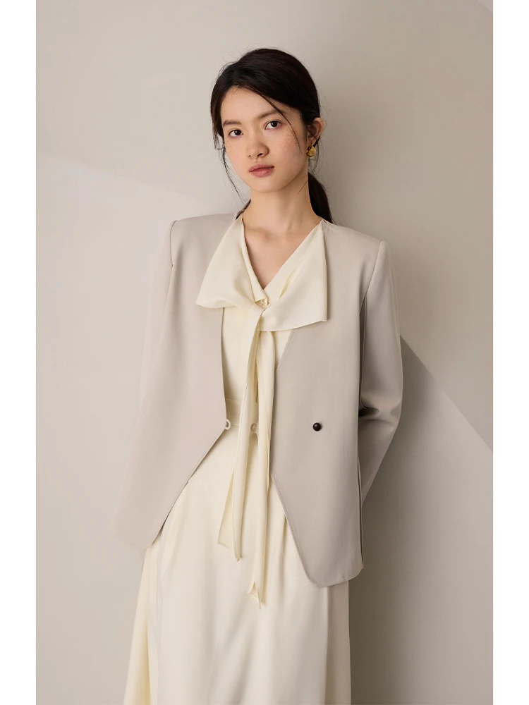 ZIQIAO Commuter Style High-end Collarless Suit Jacket for Women Autumn New Design Casual Temperament Loose Blazers Coat Female