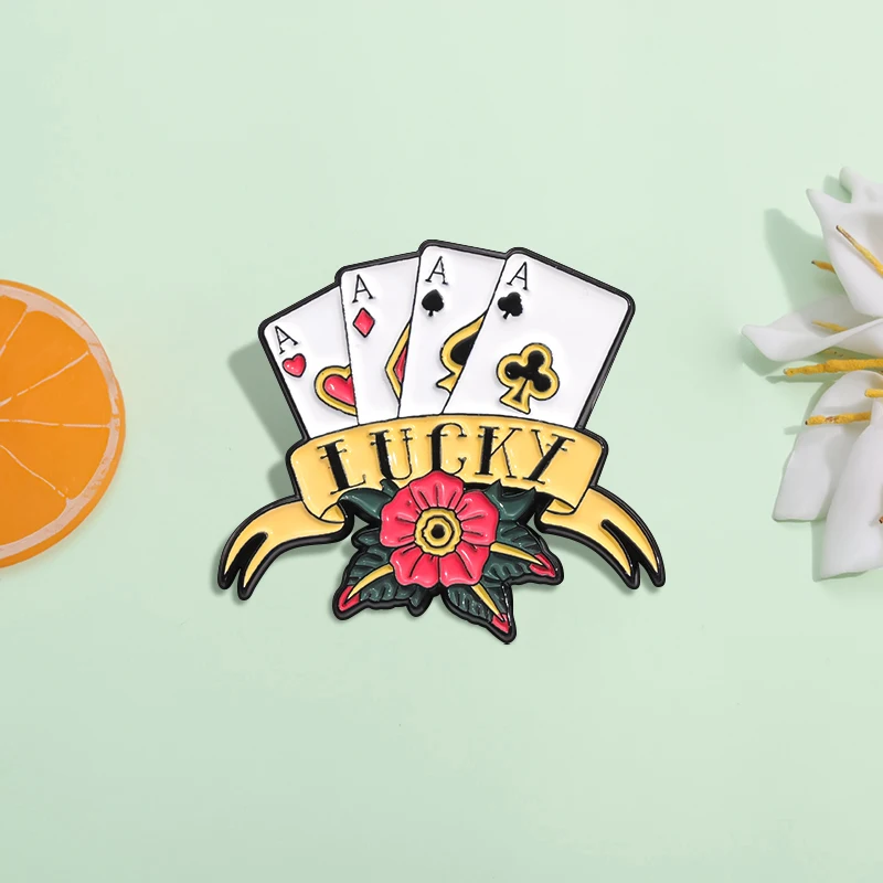 Lucky Playing Cards with Flower Enamel Pins Creative Cartoon Clothes Shirt Collar Lapel Badge Accessories Brooches for Gift