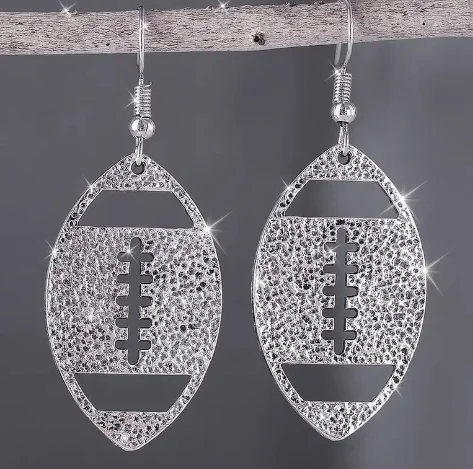 Game Day Attire - Sports Accessories Gift Silvery Dangle Football Earrings for Women - Football Outline Cutout Earring Wholesale